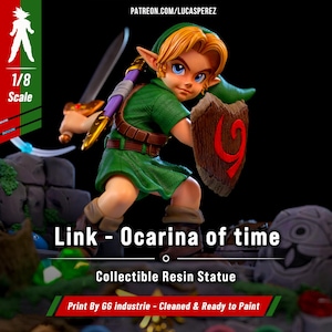 May include: A collectible resin statue of Link from Ocarina of Time, in a dynamic pose with a sword and shield. The figure is dressed in a green tunic and brown boots. The statue is 1/8 scale and features the text "Link - Ocarina of time" and "Collectible Resin Statue".