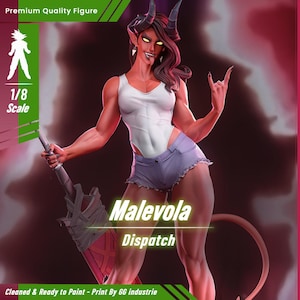 May include: A detailed figure of a female demon, wearing a white top and denim shorts, holding a weapon. The figure has horns and a tail. Text on the image reads "Malevola Dispatch" and "Premium Quality Figure". The figure is 1/8 scale.