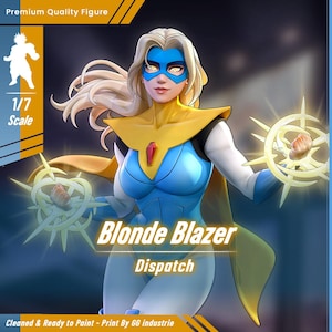 Puede incluir: Figura detallada de Blonde Blazer, una superheroína, con un traje azul y blanco, capa y máscara amarillas. Es un modelo a escala 1/7. El texto dice "Premium Quality Figure" y "Dispatch".