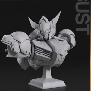 Figurine 3D à peindre du Gundam Barbatos de Mobile Suit Gundam Iron-Blooded Orphans, sculpture en résine représentant le mecha en pose de combat dynamique brandissant sa masse d'armes caractéristique, cape rouge flottante, posé sur un socle de ruines avec effets d'impact, armure grise et bleue aux détails angulaires, statue de collection garage kit créée par le sculpteur bulkamancer