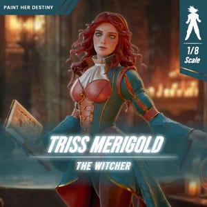 Peut inclure: Une statue de collection à l'échelle 1/8 de Triss Merigold de la série de jeux vidéo The Witcher. La statue représente Triss dans une tenue bleue et rouge, tenant un livre dans sa main gauche. La statue est placée sur un fond d'environnement fantastique.