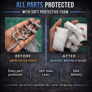 Image montrant des pièces protégées avec de la mousse protectrice souple. La partie gauche montre les pièces non protégées, la droite les montre emballées individuellement. Le texte indique "TOUTES LES PIÈCES PROTÉGÉES" et "Emballé avec soin pour une expédition sûre."