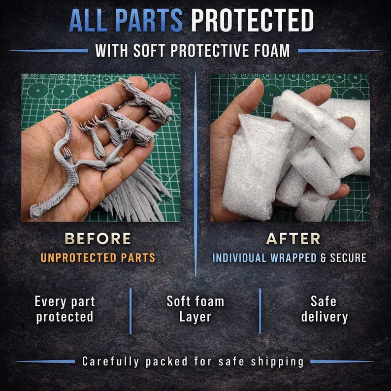 Image montrant des pièces protégées avec de la mousse protectrice souple. La partie gauche montre les pièces non protégées, la droite les montre emballées individuellement. Le texte indique "TOUTES LES PIÈCES PROTÉGÉES" et "Emballé avec soin pour une expédition sûre."