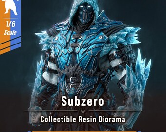 May include: A 1/6 scale Subzero collectible resin diorama figure featuring a hooded character in blue and black armour with crystalline ice-like textures on the shoulders, arms, and hood. The figure has glowing white eyes and a dark face mask.