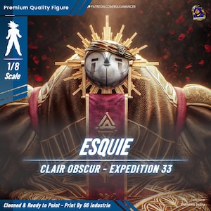 Puede incluir: Una figura detallada con una diadema dorada y una máscara, parte de la colección "Esquie Clair Obscur - Expedition 33". La figura es un modelo a escala 1/8, listo para pintar. La imagen incluye el texto "Premium Quality Figure".