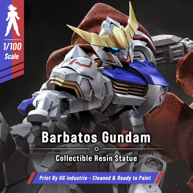 Figurine 3D à peindre du Gundam Barbatos de Mobile Suit Gundam Iron-Blooded Orphans, sculpture en résine représentant le mecha en pose de combat dynamique brandissant sa masse d'armes caractéristique, cape rouge flottante, posé sur un socle de ruines avec effets d'impact, armure grise et bleue aux détails angulaires, statue de collection garage kit créée par le sculpteur bulkamancer