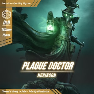 Op de afbeelding: Gedetailleerde figuur van een pestdokter, met een lantaarn en wandelstok, met een kraai op zijn hoed. De figuur is 14 cm hoog en 7,5 cm breed. De tekst "PLAGUE DOCTOR" en "NERIKSON" zijn weergegeven.