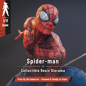 Könnte beinhalten: Ein 1/8-Skala Spider-man Sammler-Diorama aus Kunstharz mit einem strukturierten rot-blauen Anzug, schwarzen Netzmustern und großen weißen Augen. Die Figur ist dynamisch mit einem Netzstrang dargestellt. Text: Spider-man, Collectible Resin Diorama.