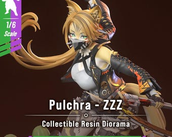 May include: A 1/6 scale collectible resin diorama figure of a cat-eared character with blonde hair, wearing a black and orange jacket, a white top, and a face mask. The figure holds a weapon and features the text Pulchra - ZZZ and Print By GG industrie.