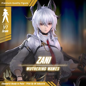 Może przedstawiać: Szczegółowa figurka Zani z Wuthering Waves, model w skali 1/7. Figurka ma białe włosy, czerwone oczy i czarne rogi. Nosi biały strój z czerwoną krawatem. Figurka jest oznaczona jako "Premium Quality Figure".