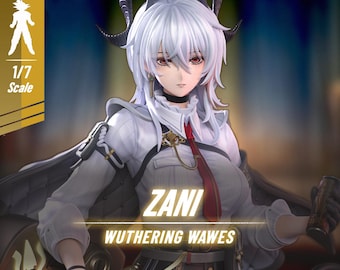 May include: A detailed figure of Zani from Wuthering Waves, a 1/7 scale model. The figure has white hair, red eyes, and black horns. It wears a white outfit with a red tie. The figure is labeled "Premium Quality Figure."