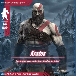 Peut inclure: Figurine détaillée de Kratos, personnage de jeu vidéo, avec tête chauve, longue barbe noire et marques rouges. La figurine porte une armure et a une expression sévère. Le texte sur l'image indique "Kratos" et "Leviathan axes and chaos blades included."