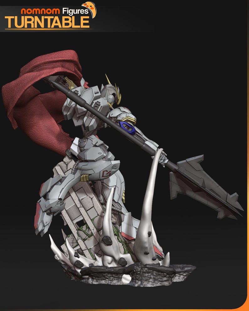 Figurine 3D à peindre du Gundam Barbatos de Mobile Suit Gundam Iron-Blooded Orphans, sculpture en résine représentant le mecha en pose de combat dynamique brandissant sa masse d'armes caractéristique, cape rouge flottante, posé sur un socle de ruines avec effets d'impact, armure grise et bleue aux détails angulaires, statue de collection garage kit créée par le sculpteur bulkamancer
