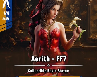 May include: A 1/8 scale collectible resin statue of Aerith from FF7, featuring a figure in a red dress holding a white flower. The statue includes a gold star necklace, intricate bodice detailing, and dark hair adorned with red ribbons. Text includes Aerith - FF7, Collectible Resin Statue, and Print By GG industrie - Cleaned & Ready to Paint.