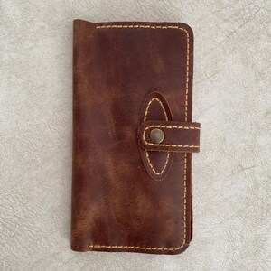 Cartera de piel marrón / Cartera con compartimento central y cremallera / Productos hechos a mano