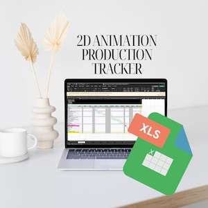 Könnte beinhalten: Ein Laptop-Computer, auf dem eine Tabellenkalkulation mit dem Titel "2D Animation Production Tracker" angezeigt wird. Die Tabellenkalkulation ist im XLS-Dateiformat, gekennzeichnet durch ein grünes Symbol mit den Buchstaben "XLS" in Weiß.