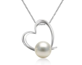 6-9mm AAAA Japanese White Akoya Pearl Pendant Necklace 16"/18" Silver Chain with Heart Shape Match Setting Necklace Pendant for Women