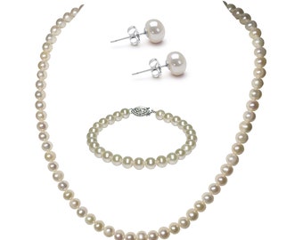 6-8mm White Pearl Jewelry Set 18 Inch Freshwater Pearl Necklace 7 Inch Pearl Bracelet with Matching Earrings Studs Sterling Silver Settings