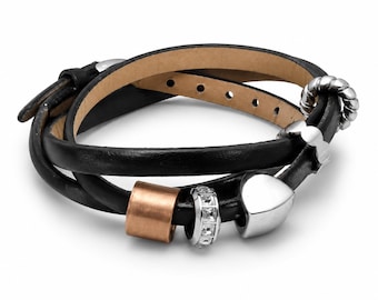 Black Leather Wrap Bracelet for Women - Multi Layer Stainless Steel Band Crystal Charm Adjustable Stacked Wristband Gift for Her