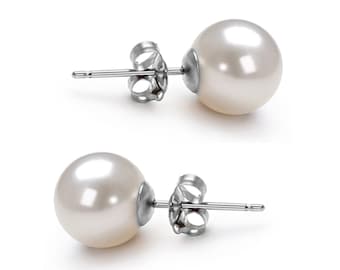 Freshwater pearl earrings stud, 5mm-11.5mm white pearl 14K gold earrings for wedding earrings stud, Japanese white pearl studs holiday gifts