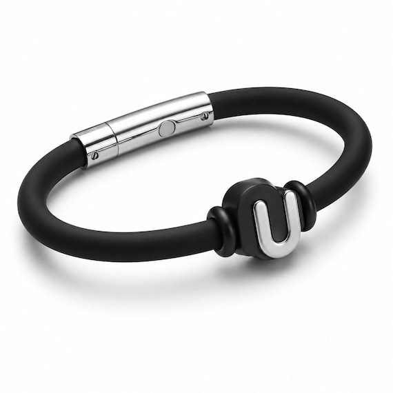 6mm Mens Black Silicone Bracelet | 8" Stainless Steel Horseshoe Wristband for Men | Two Tone Silver Black Charm Band | Push Button Clasp