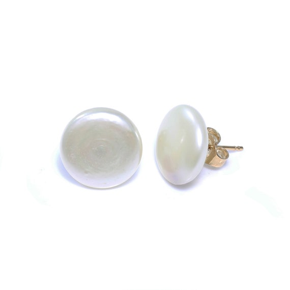 Flat button shop pearl earrings