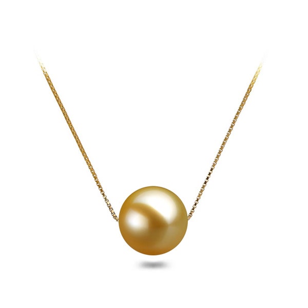 8.5-12.5mm South Sea Gold Floating Shell Pearl Pendant Necklace 16" or 18" with 925 Sterling Silver Chain Necklace Pendant for Women