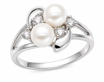 Double Pearl Ring 6mm White Freshwater Pearl Crossover Ring for Women Four Zircon Cluster Ring Sizes 6-8 Silver Color Jewelry Gift Box
