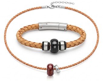 Mens Matching Jewelry Set - Brown Braided Leather Necklace and Bracelet Gift - Stainless Steel Wood Accent Minimalist Set for Him