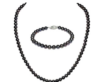 6-8mm AA Black Pearl Jewelry Set Freshwater Pearl Jewelry for Women Black Pearl Necklace with Matching Black Pearl Bracelet