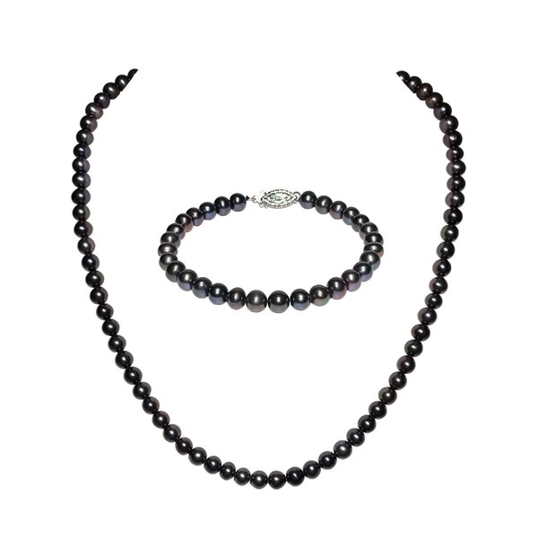 6-8mm AA Black Pearl Jewelry Set Freshwater Pearl Jewelry for Women Black Pearl Necklace with Matching Black Pearl Bracelet