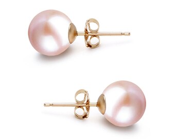 May include: A pair of stud earrings featuring round, light pink pearls with a smooth, lustrous finish. Each pearl is securely mounted on a gold-toned metal post with a matching gold-toned butterfly clutch backing, designed for pierced ears.