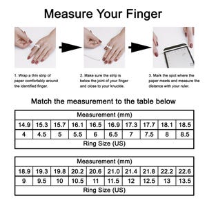 May include: A three-step instructional guide titled Measure Your Finger showing how to wrap paper around a finger, mark the overlap, and measure with a ruler. Below are two tables mapping measurements in millimeters to US ring sizes from 4 to 13.5.
