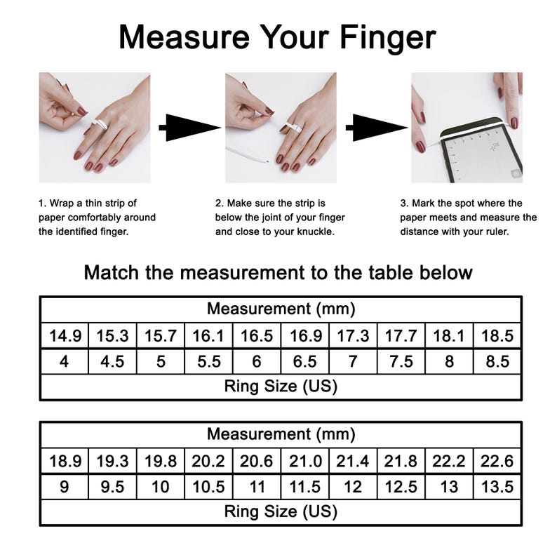 May include: A three-step instructional guide titled Measure Your Finger showing how to wrap paper around a finger, mark the overlap, and measure with a ruler. Below are two tables mapping measurements in millimeters to US ring sizes from 4 to 13.5.