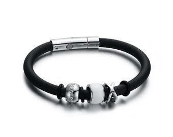 Magnetic Stainless Steel Bracelet for Men 8" Beaded Mens Black Silicone Wrist Band