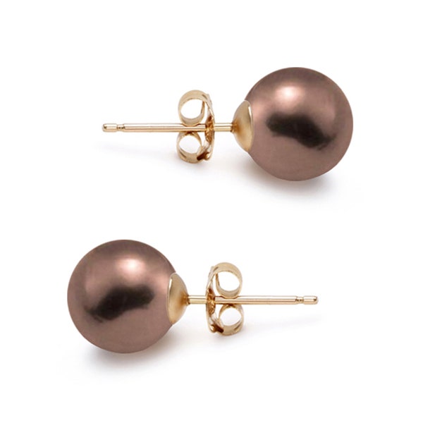 Freshwater Pearl Earring Studs 6-9mm 14K Gold Earrings for Women Great Gift Holiday Season - Japanese Chocolate Pearl Stud Earrings Sets