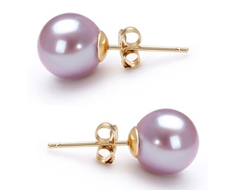 Lavender Pearl Earrings AAA 5mm-10mm Japanese Freshwater Pearl Stud Earrings Gold Plated Sterling Silver Set Bridal Wedding Jewelry Gift Box