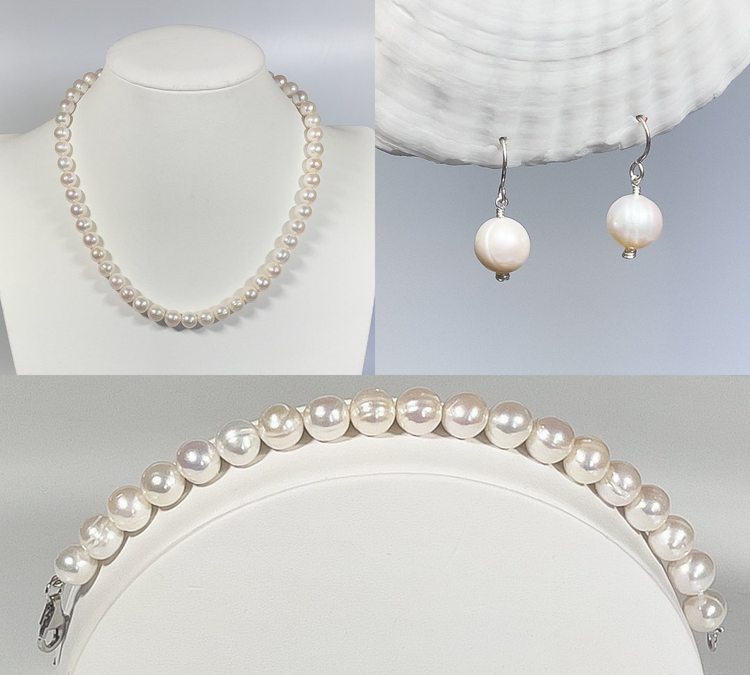 Perlen-Schmuckset Für Damen – Halskette, Armband, Ohrringe & Ring In Weiß (4-teilig)