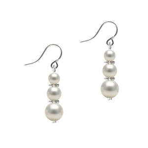 AAAA Triple White Japanese Akoya Pearl Dangle Earring Sterling Silver Earring for Women White Pearl Drop Earrings Set Great Holiday Gifts