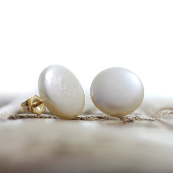 Exquisite Button Pearl Earring Studs - 13mm White Freshwater Coin Pearl Earrings with 925 Sterling Silver Settings Great Gift for Holiday