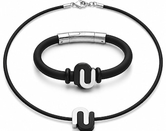 Mens Matching Jewelry Set - Black Silicone Horseshoe Pendant Necklace and Bracelet Gift - Two-Tone Stainless Steel Minimalist Set for Him