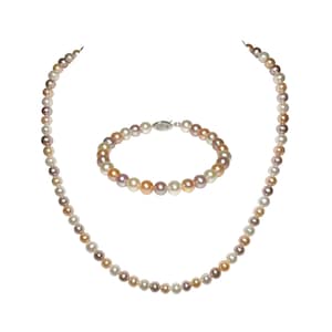 6-8mm AAA Multicolor Pearl Jewelry Set Freshwater Pearl Jewelry for Women Multicolor Pearl Necklace Matching Pearl Bracelet Mother&#39;s day