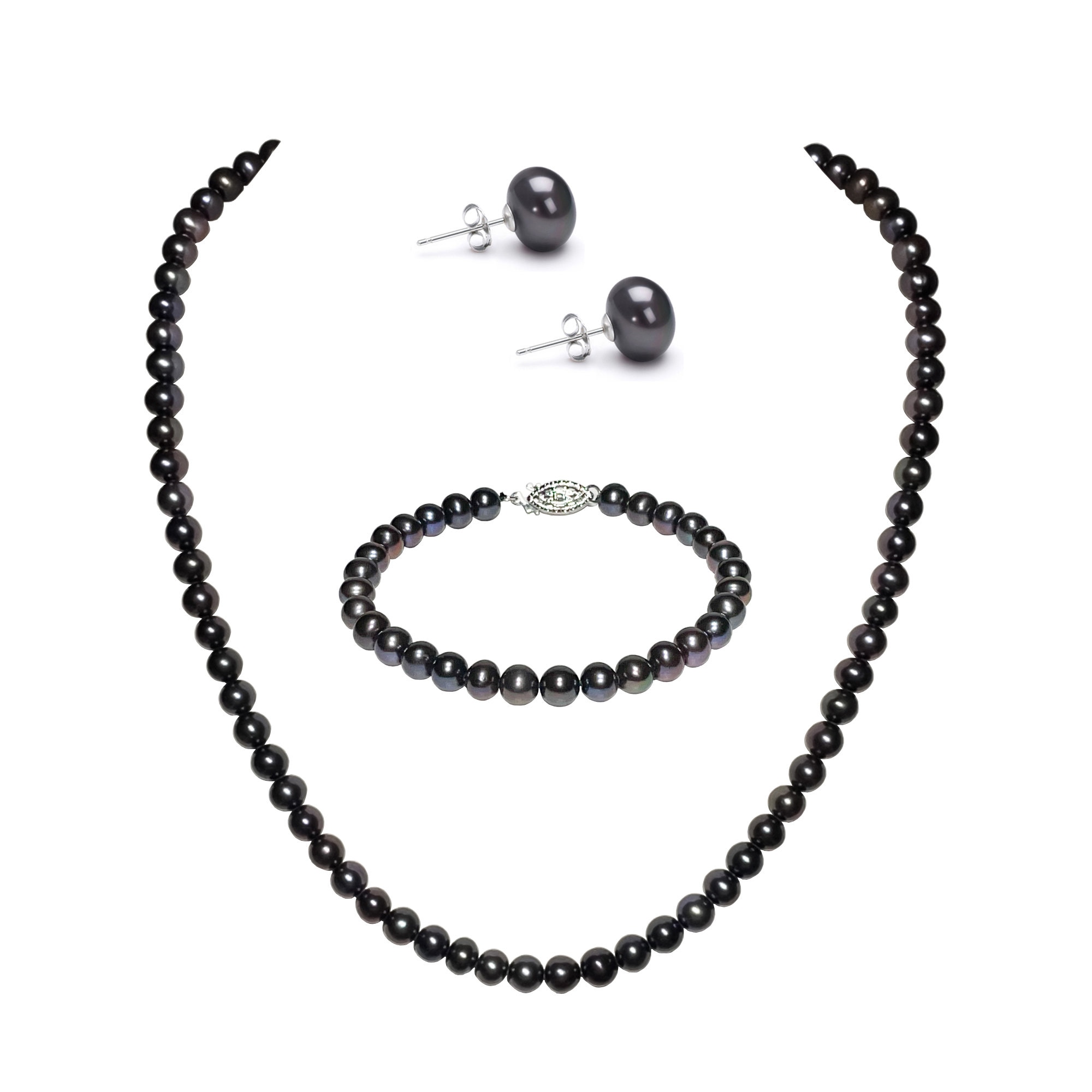 Set Gioielli Con Perle Nere Coltivate Tonde 7-8 Mm – Bracciale, Orecchini E Collana 18''