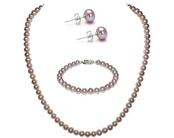 6-8mm Lavender Pearl Jewelry Set 18 Inch Freshwater Pearl Necklace, 7 Inch Pearl Bracelet Matching Earrings Studs Sterling Silver Settings