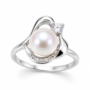 9mm White Pearl Statement Ring Freshwater Pearl Heart for Women Abstract Solitaire Zircon Ring Sizes 6-8 Silver Colored Jewelry Gift Box