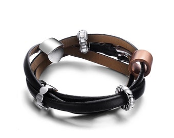 Women's Leather Wrap Bracelet Beaded Crystal Stainless Steel Leather Bracelet for Women