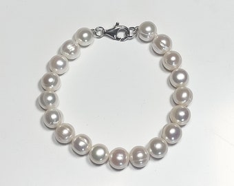 6-8" White Freshwater Pearl Bracelet 8mm to 10mm White Pearl Bracelet White Pearls with Unique Wrinkles - One of Kind