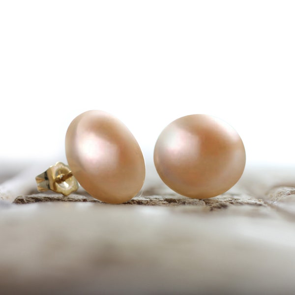 Exquisite Button Pearl Earring Studs - 12mm Pink Freshwater Coin Pearl Earrings with 925 Sterling Silver Settings Great Gift for Holiday