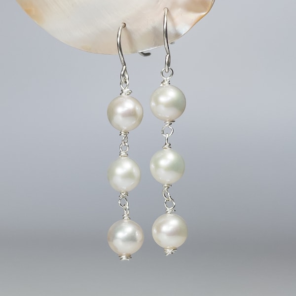 •NESTED TRIANGLE• pearl + silver dangle earrings