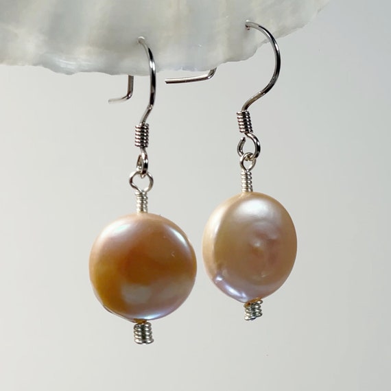STERLING SILVER PINK BUTTON FRESHWATER PEARL STUDS - 12mm STERLING SILVER PINK BUTTON FRESHWATER PEARL STUDS - 12mm